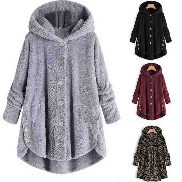 Women's Fashion Warm Jacket Autumn Winter Casual Decoration Fleece Hooded Coat Loose Fit Soft Furry Coats Winter Hoody Tops