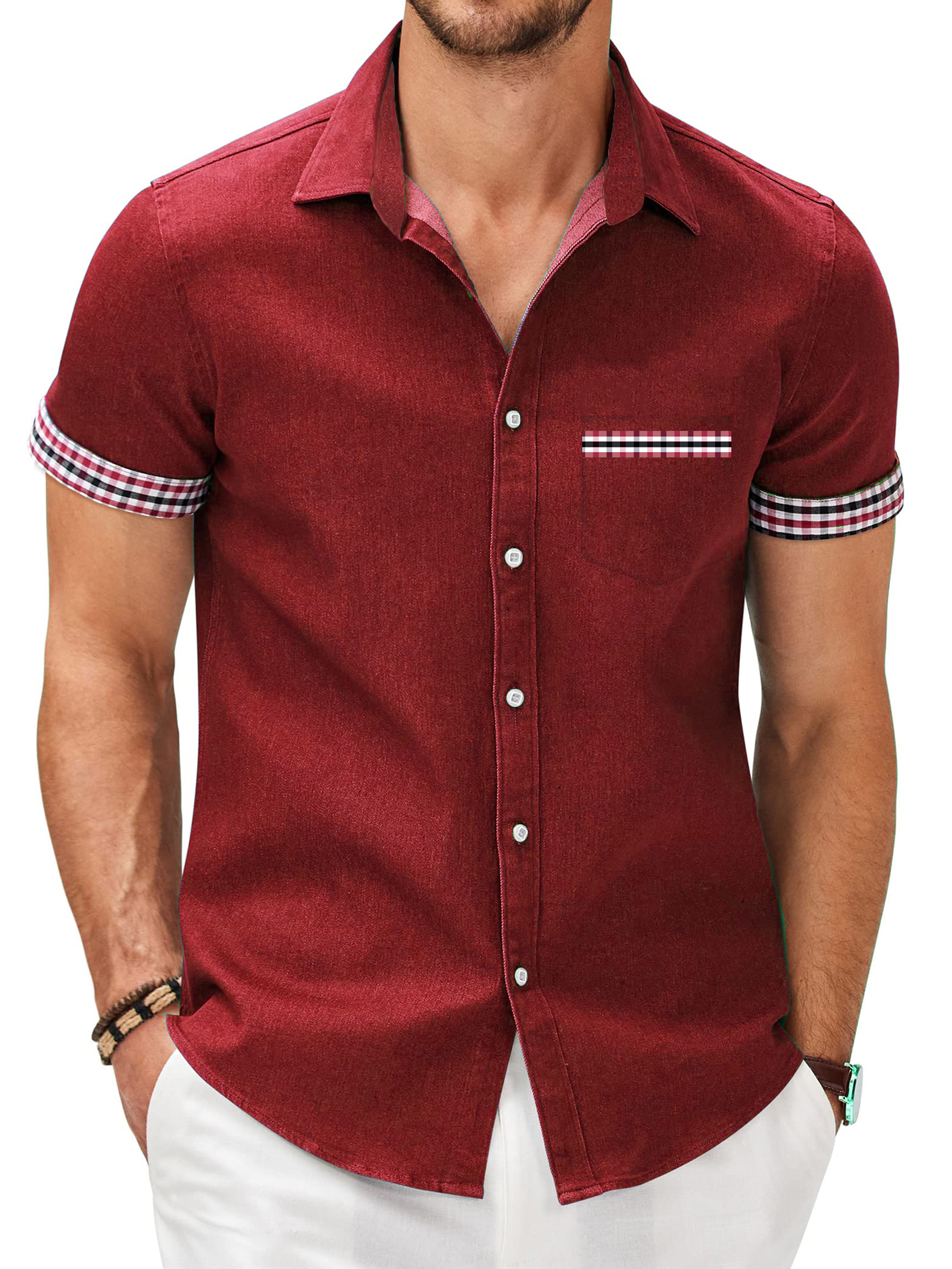 Men's Patchwork Plaid Print Pocket Short Sleeve Shirt PLUSCLOTHESMAN