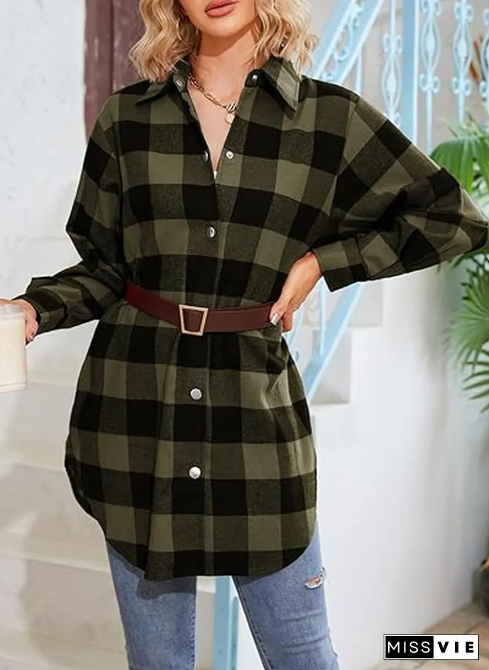 Popular Plaid Collared Outerwear