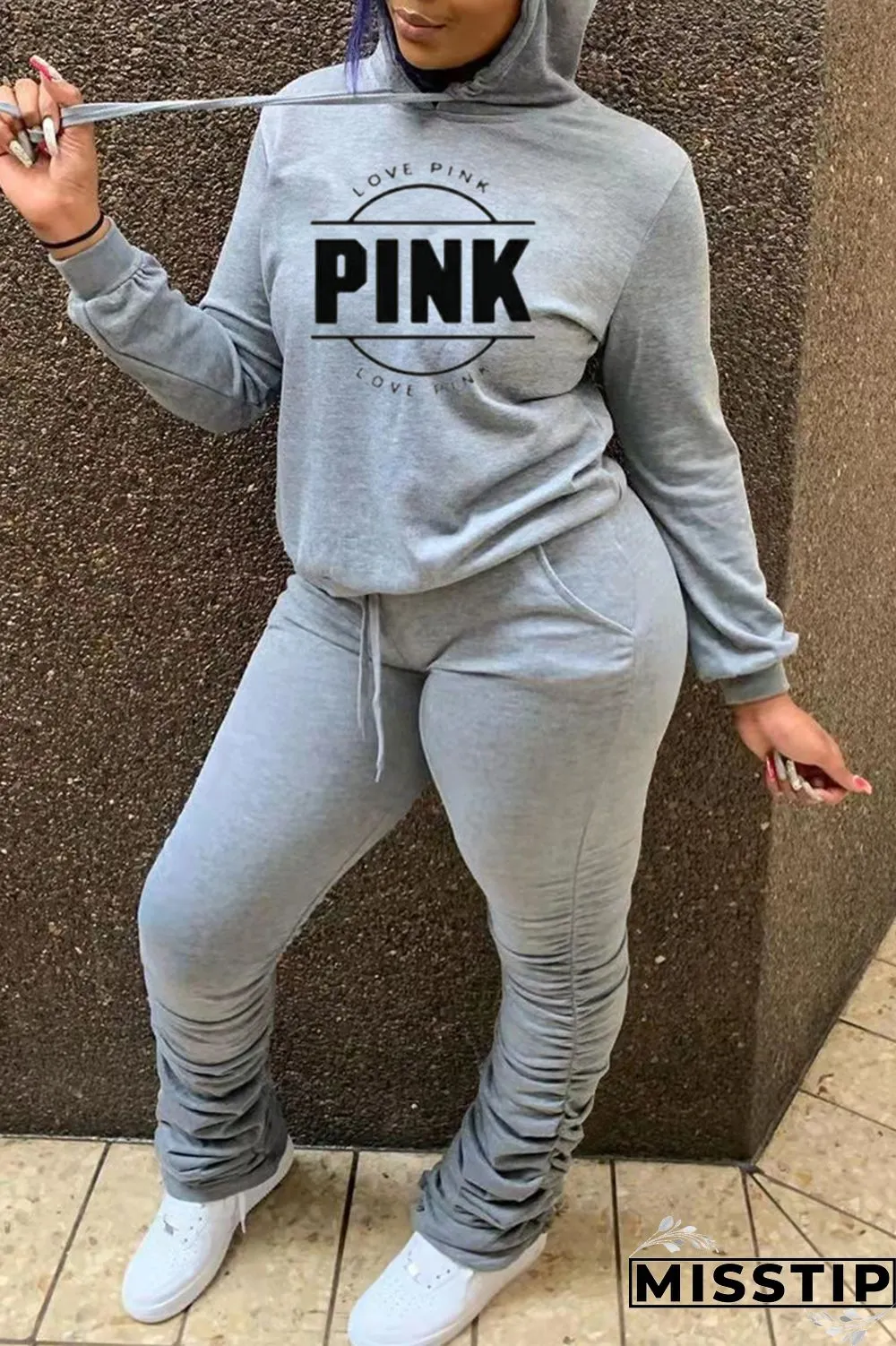 Red Fashion Casual Letter Print Fold Hooded Collar Long Sleeve Two Pieces