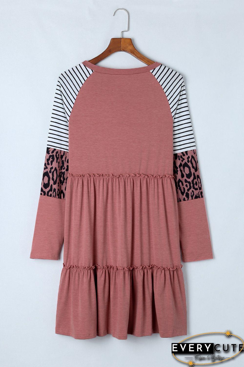 Pink Striped Leopard Patchwork Long Sleeve Mini Dress