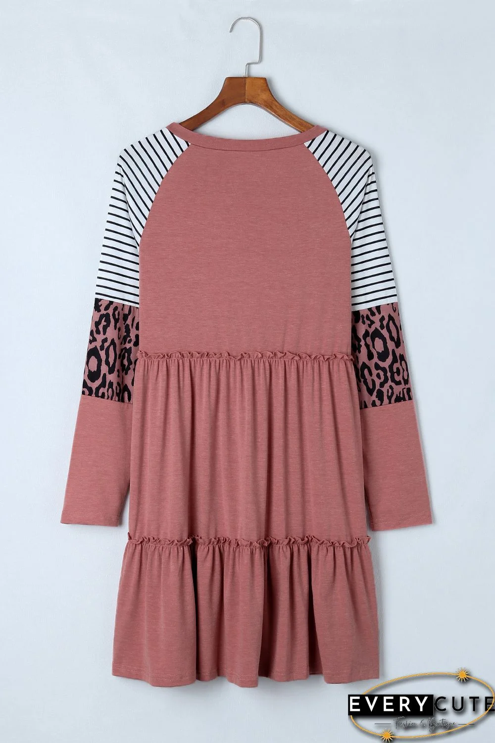 Pink Striped Leopard Patchwork Long Sleeve Mini Dress