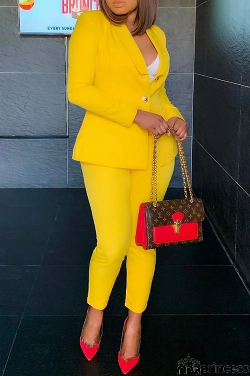 Yellow Fashion Casual Solid Cardigan Pants Turn-back Collar Long Sleeve Two Pieces