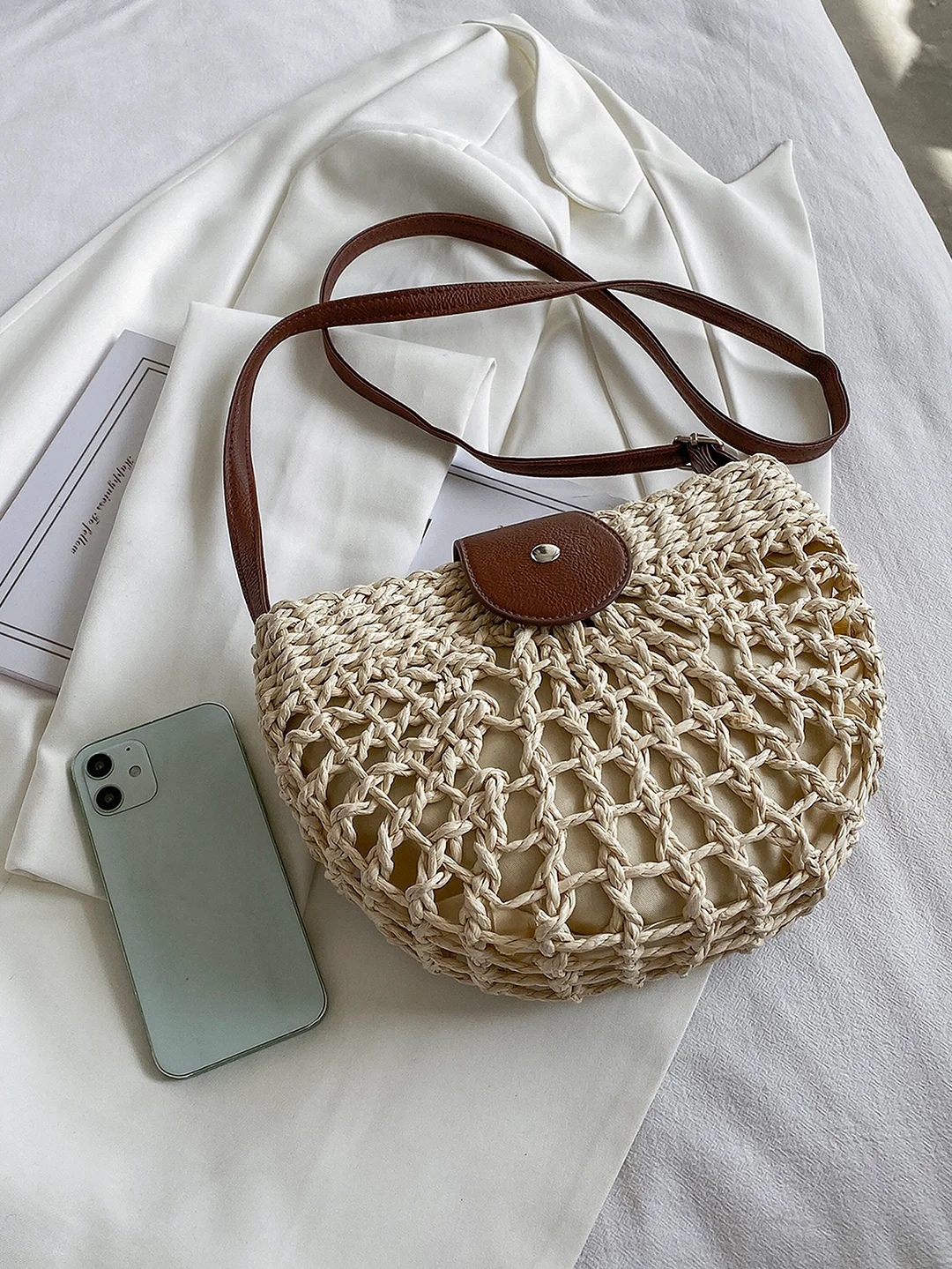 Snap Button Straw Bag