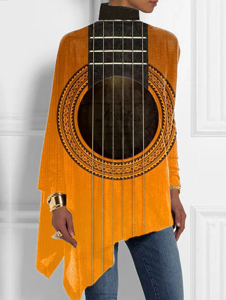 Fun Guitar Print Half Turtleneck Hem Top