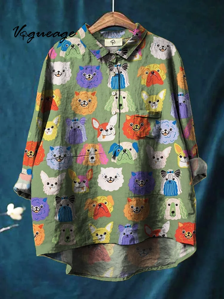 Cartoon Cute Animals Puppy Kitten Print Cotton And Linen Shirt