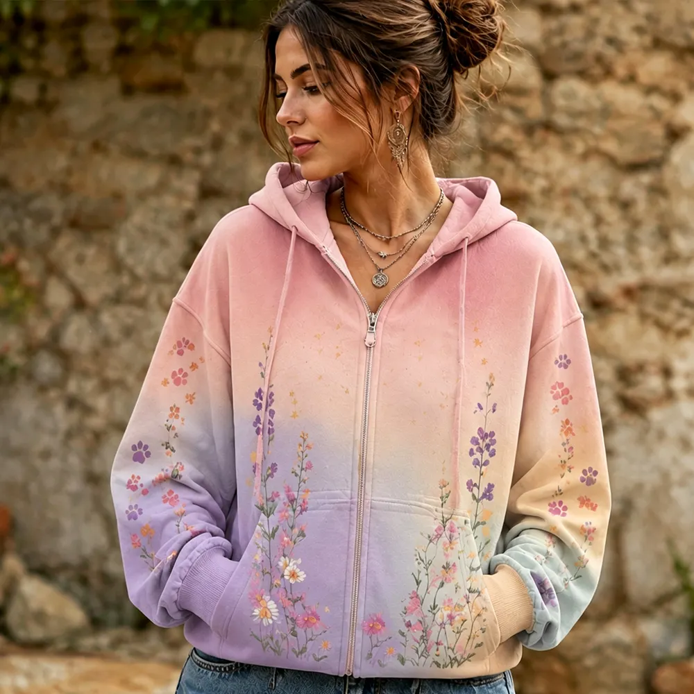 Comstylish Women's Full-zip Hoodie Sweatshirt With Pastel Gradient, Paw Prints, And Wildflower Graphic Print