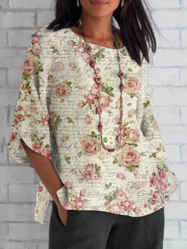 Women's Retro Floral Print Loose Round Neck Mid-Sleeve Top