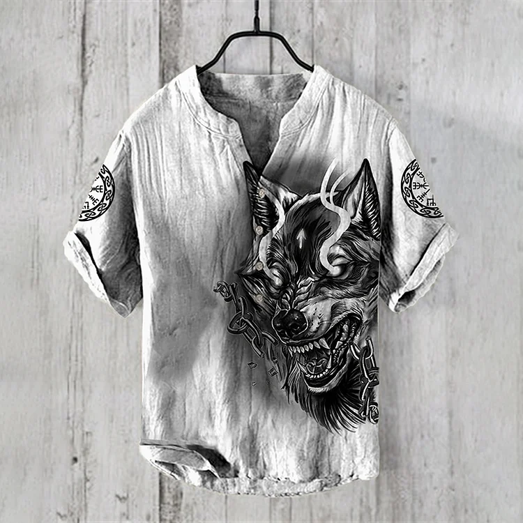 Men'S Viking Totem Graphic Art Linen Blend Shirt