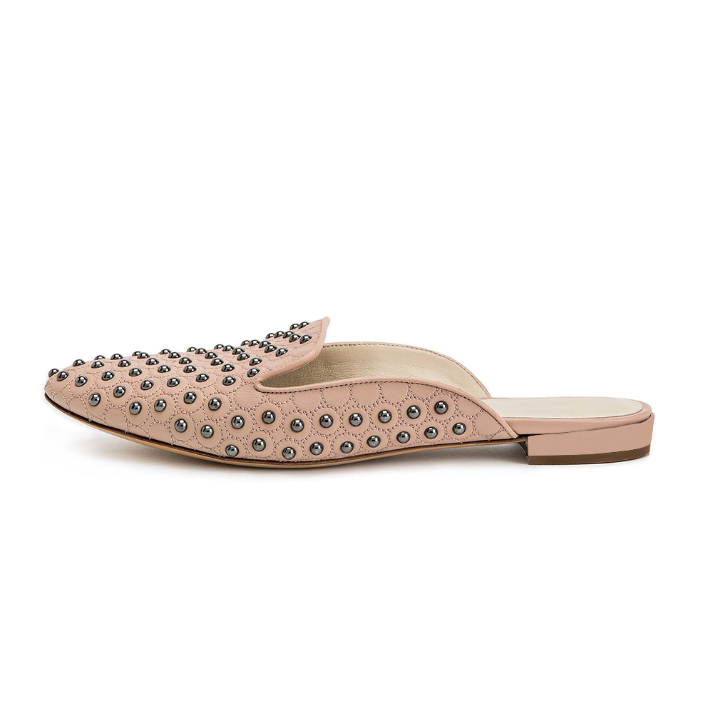 Beige Vegan Leather Closed Toe Flat Mules with Studs Nicepairs