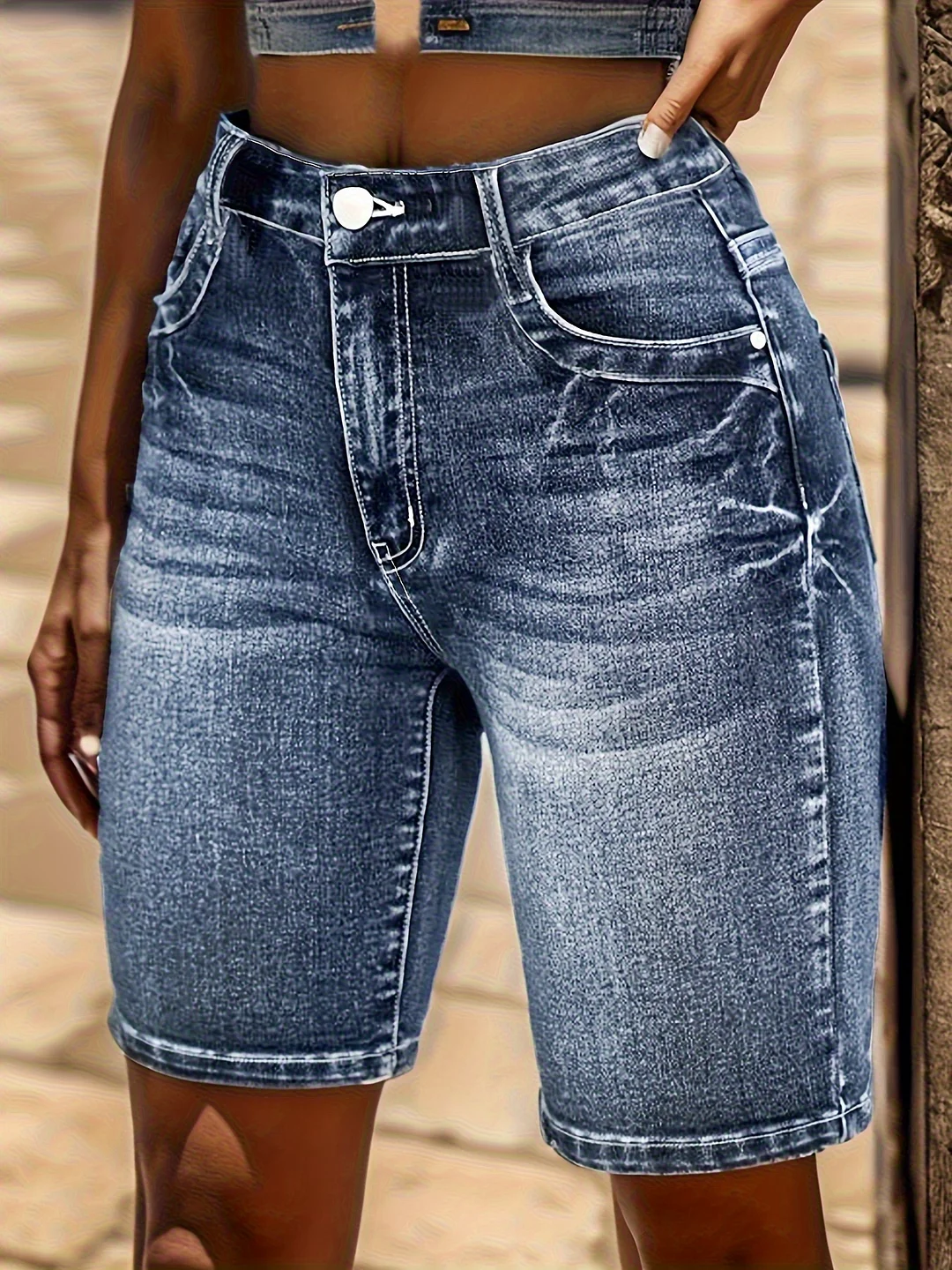 Women's High Elastic Floral Embroidered Denim Shorts- Mid-Waist, Slim Fit, Casual Washed Blue Denim Shorts Spring/Summer | IFYHOME