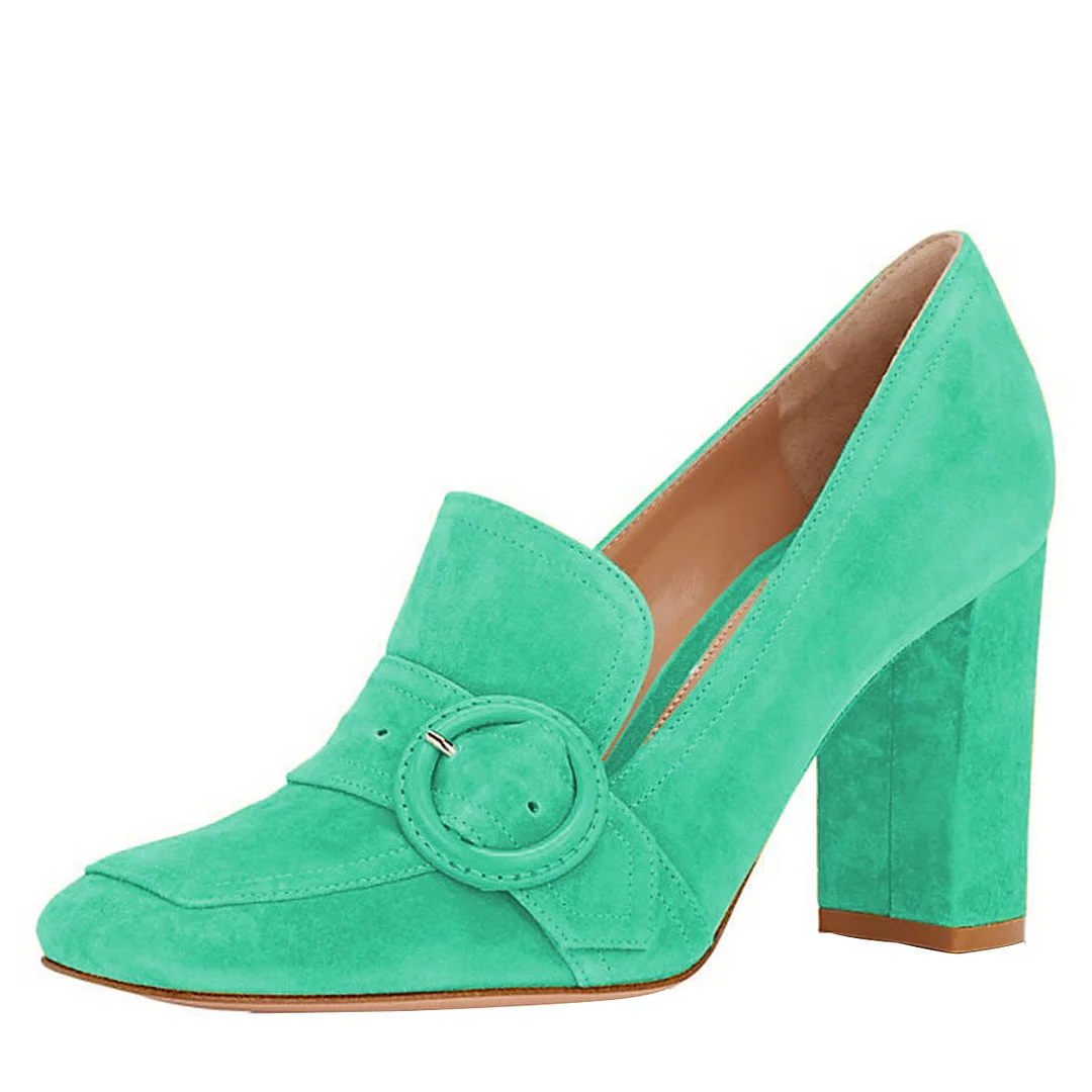 Turquoise Square Toe Vegan Suede Chunky Heeled Loafers with Buckle