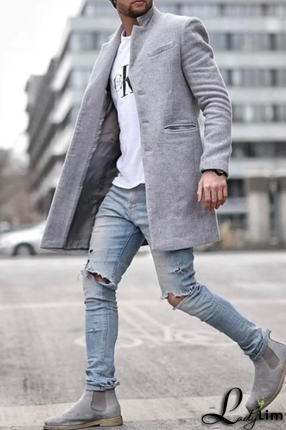 Black Fashion Solid Pocket Buckle Turndown Collar Outerwear