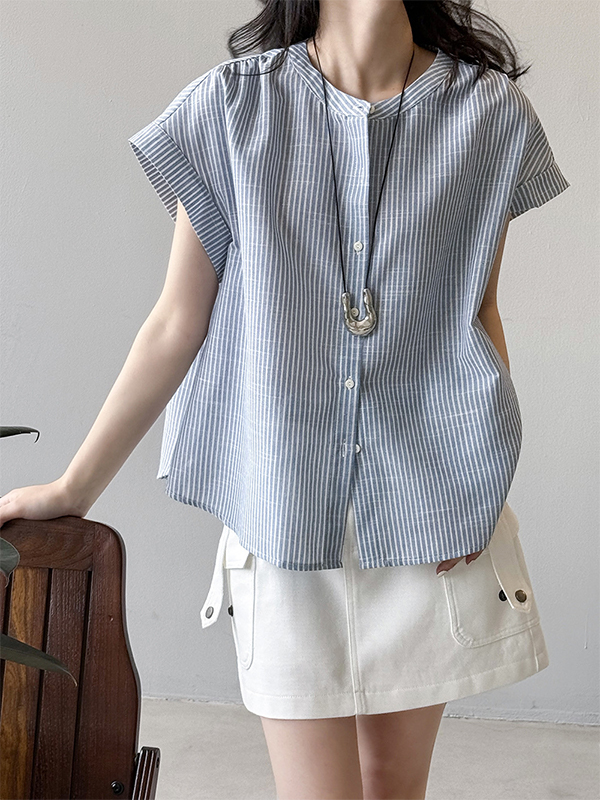 Vertical Stripe Round Neckline Short Sleeve Loose Shirt