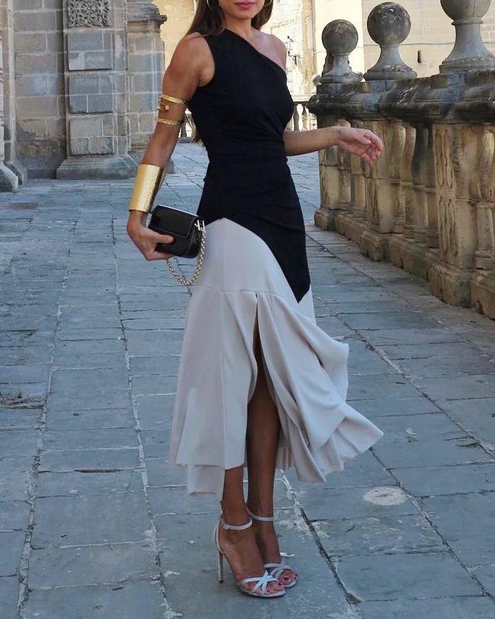 One Shoulder Panel Solid Color two-piece suit