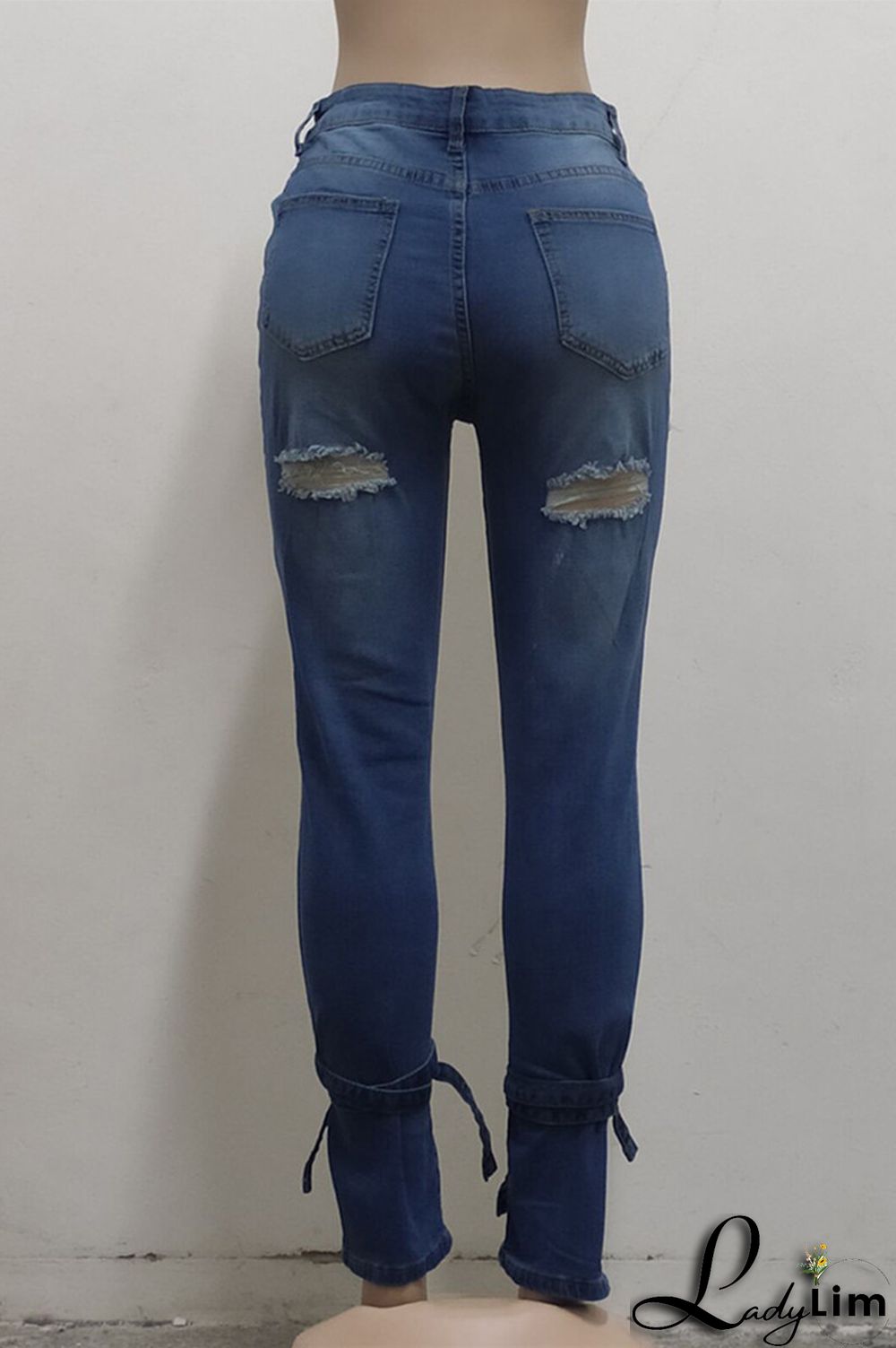 Blue Fashion Casual Solid Ripped Slit Mid Waist Regular Denim Jeans