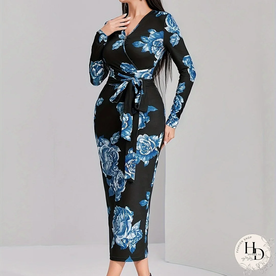 Floral Print Surplice Neck Dress, Elegant Long Sleeve Slim Dress For Spring & Fall, Women's Clothing