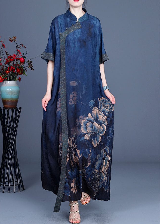 Elegant Blue Print Silk Dresses Half Sleeve CK1380- Fabulory