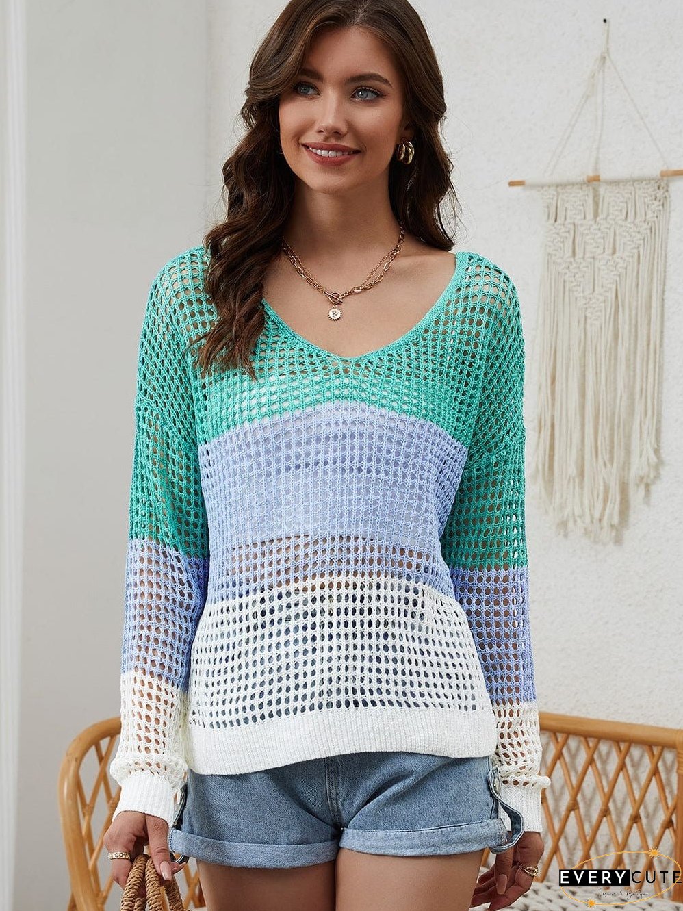Colorful Eyelet Twist Back Knit Top with Long Sleeves