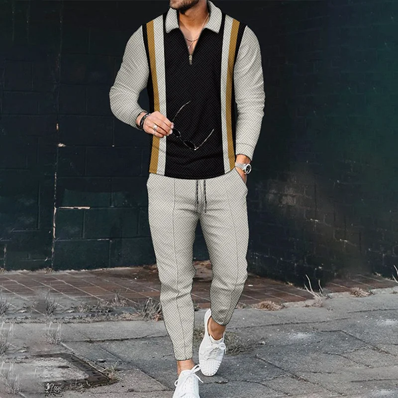 Men's Paneled Polo Shirt And Pants Two Piece Set