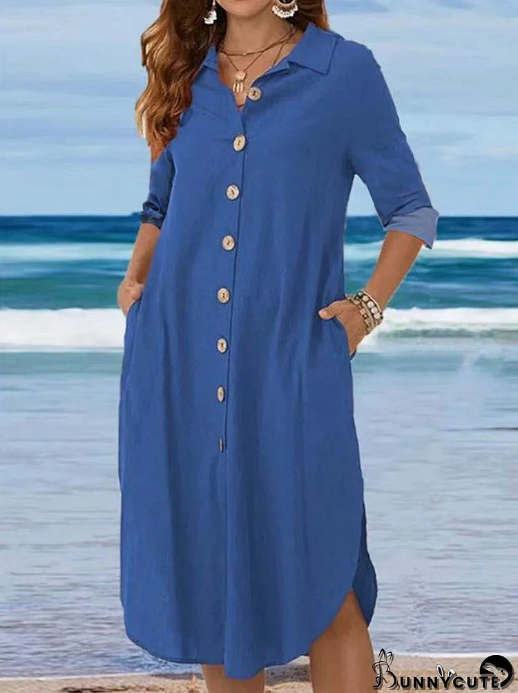 Women's Long Sleeve V-neck Buttons Midi Dress