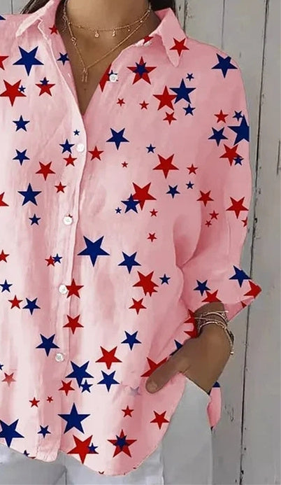 Women 3/4 Sleeve Shirt Collar Star Printed Graphic Button Tops