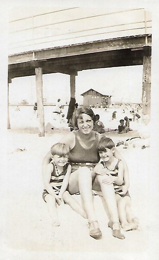 Found ANTIQUE Photo Poster painting bw A DAY AT THE BEACH Original Snapshot MOM BOYS 112 12 D