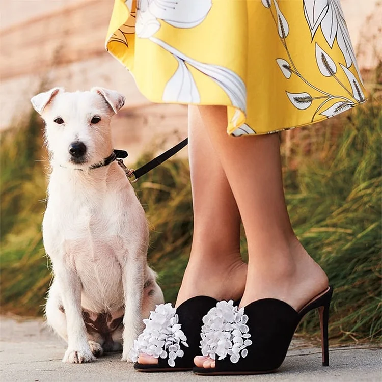 Black Suede and White Flower Peep Toe Stiletto Heel Mules |FSJ Shoes