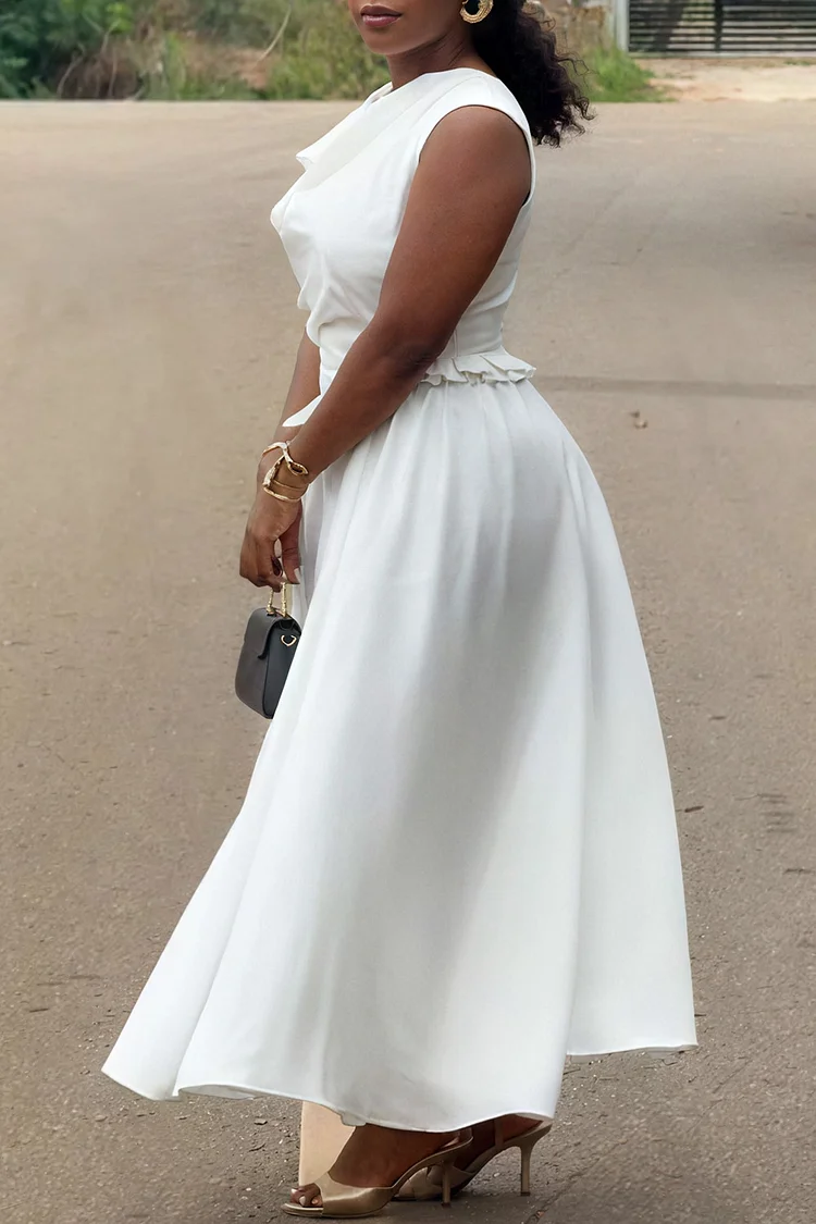 Plus Size Wedding White Cowl Neck Pleated Elegant Maxi Dresses [Pre-Order]