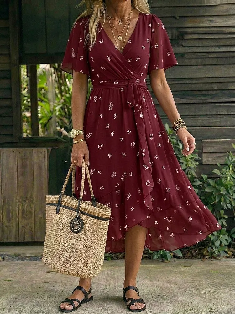 Women&rsquo;s Casual Short-sleeve Printed Pocket Chiffon Maxi Dress