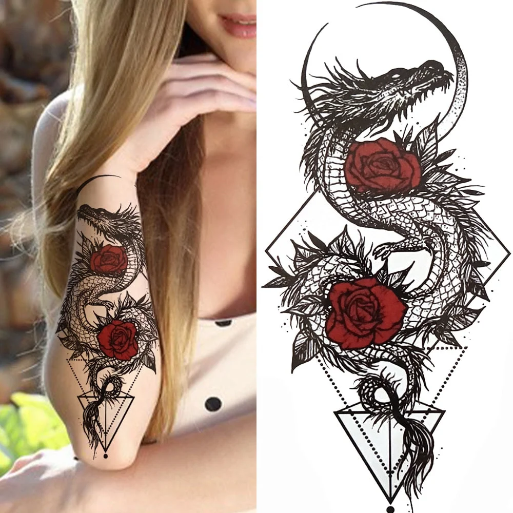 Dragon with Red Rose Tattoo Sticker Realistic Fox Snake Sword Geometric Temporary Tattoo For Women Fake Chains Black Tatoo
