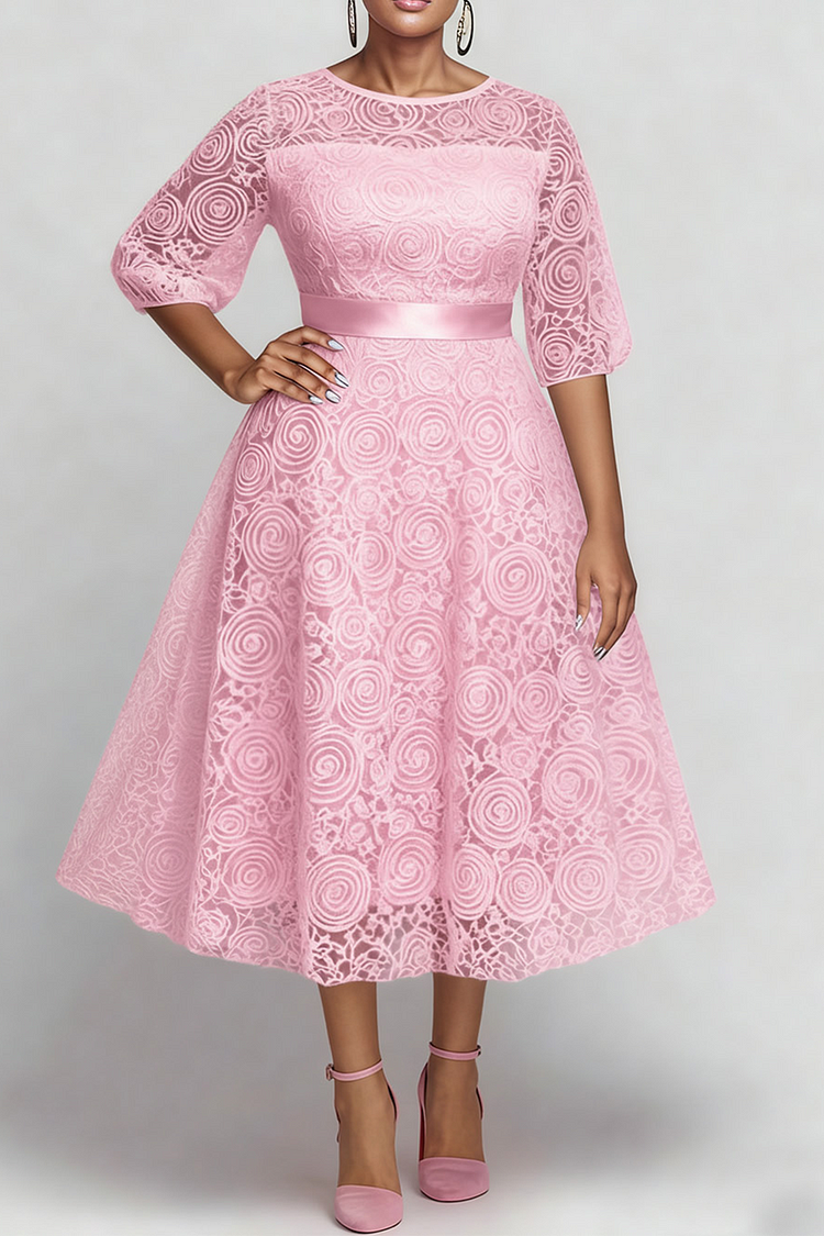 Xpluswear Design Plus Size Wedding Guest Pink Round Neck Puff Sleeve Half Sleeve 3D Elegant See Through Midi Dresses [Pre-Order]