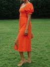 Solid Color Puff Sleeves Midi Dress