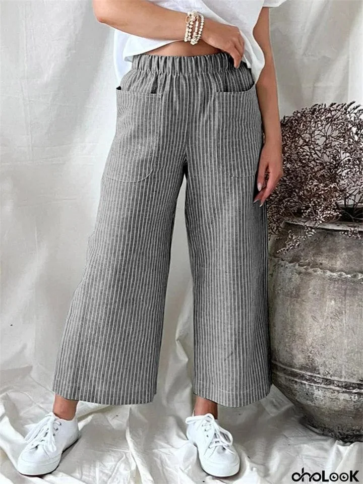 Women's Chic Cotton Linen Stripe Loose Straight Leg Pants