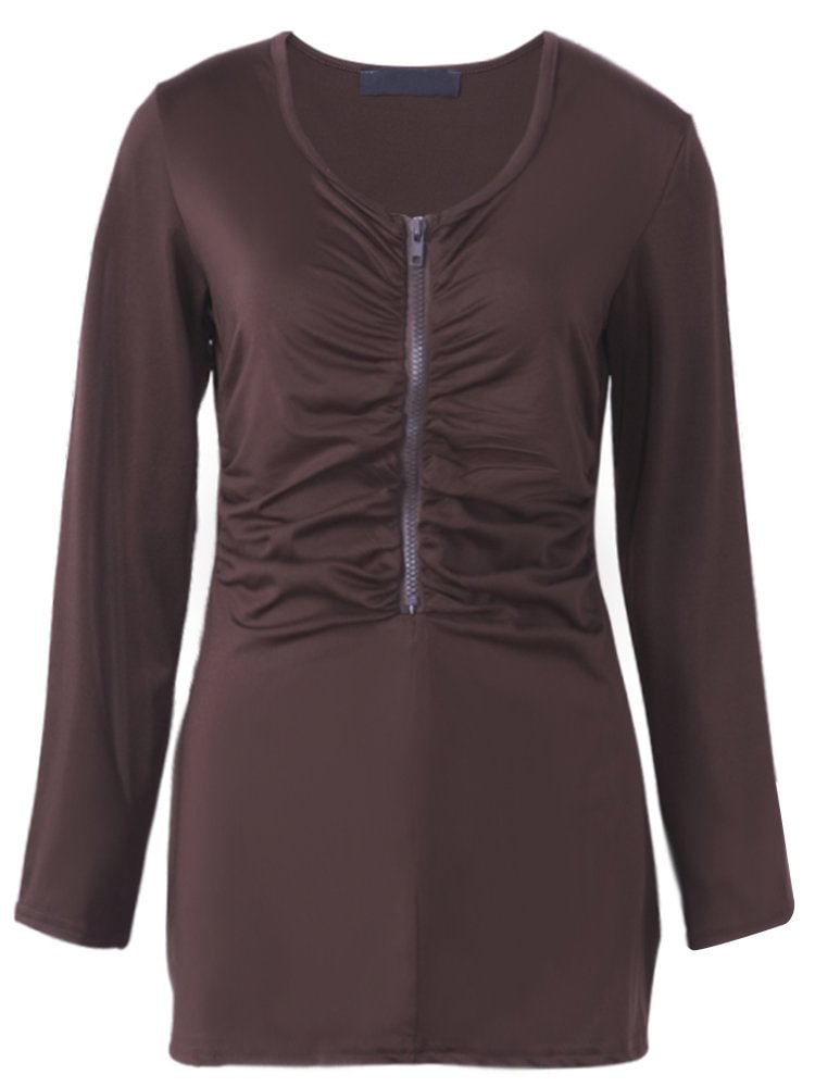 Women Casual Long Sleeves Zipper Pleated V neck T shirt P1083873