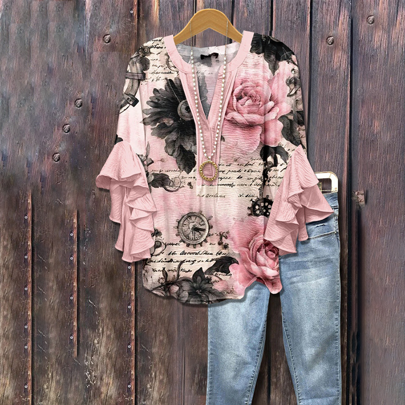 Comstylish Vintage Floral Print V-neck Ruffle Casual Blouse