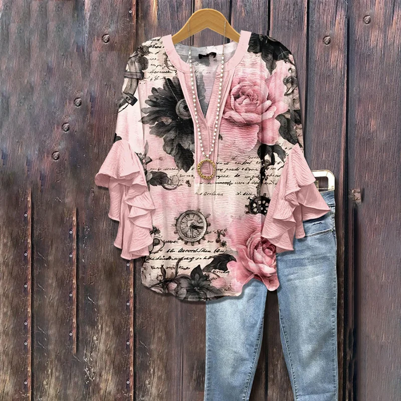 Vintage Floral Print V-neck Ruffle Casual Blouse