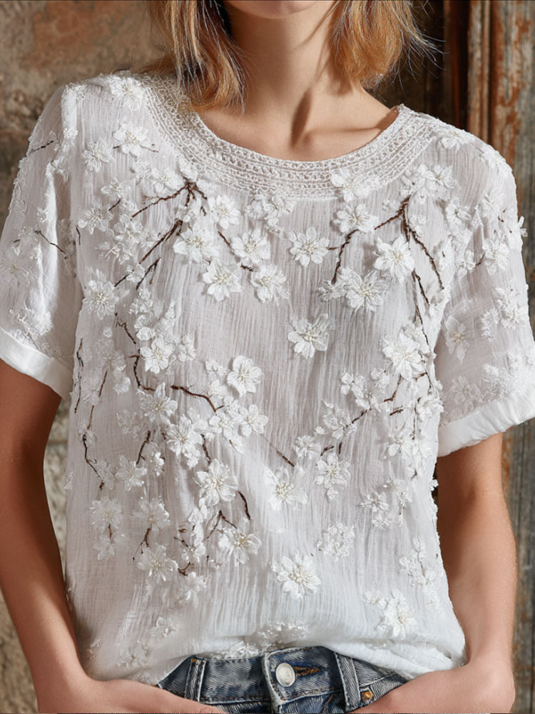 Retro White Cherry Blossom Art Embroidered Linen Blend Crew Neck Short Sleeve Top elevenforest