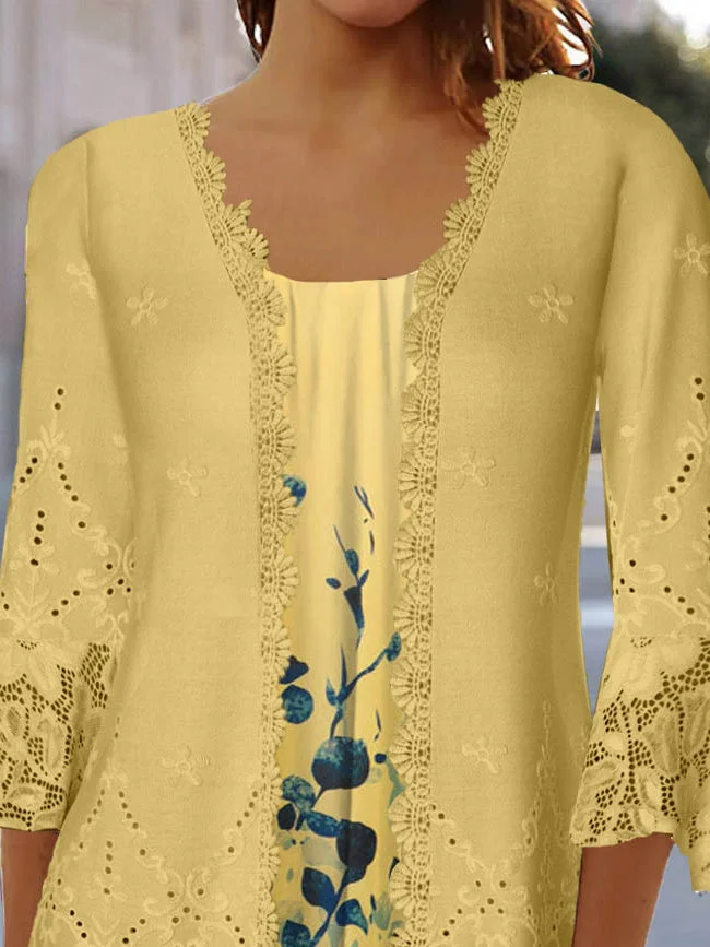 Women's 3/4 Sleeve Scoop Neck Floral Printed Lace Stitching Two Pieces Tops