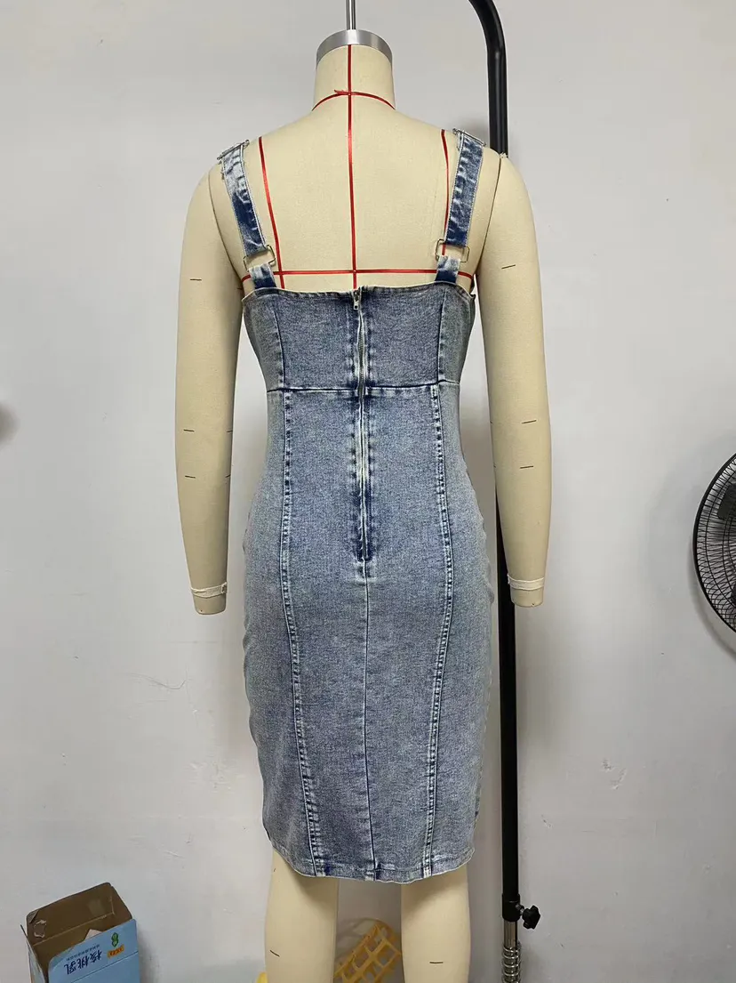 Short Sleeve U-Neck Strap Distressed Casual Denim Dress