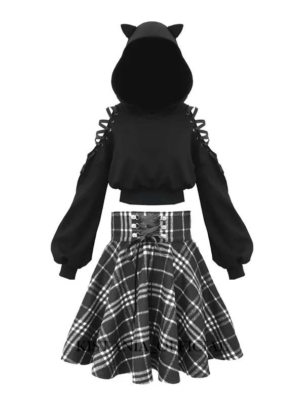 Dark Strapped Off The Shoulder Slim Crop Hoodie + Academia Gothi Style Plaid Skirts 2 Pieces Sets