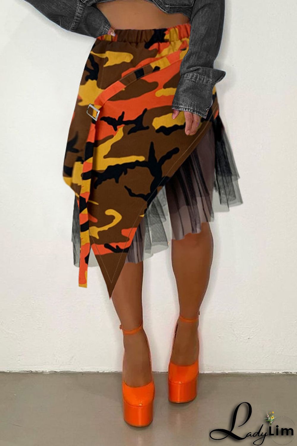 Pink Fashion Street Print Camouflage Print Patchwork Asymmetrical High Waist Full Print Bottoms