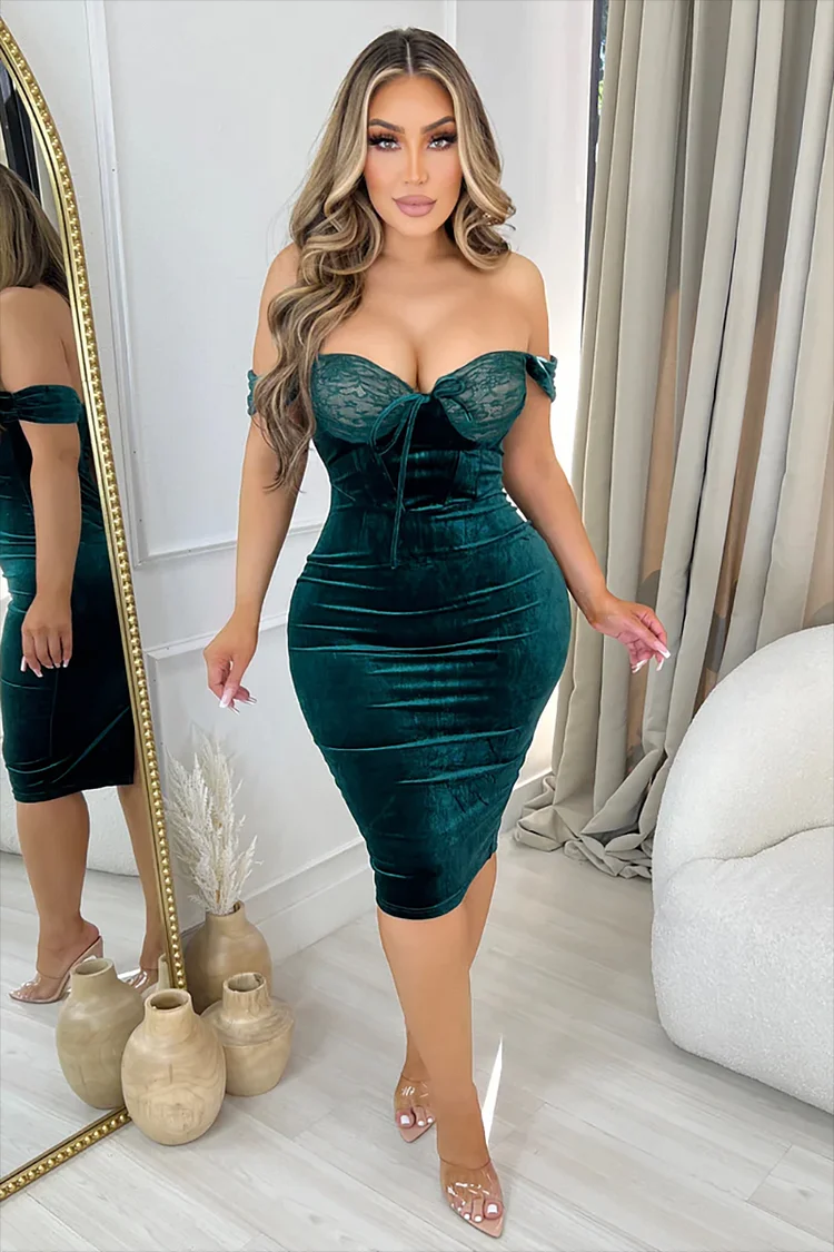 Lace Patchwork Dropped Shoulder Bodycon Velvet Midi Dresses-Green