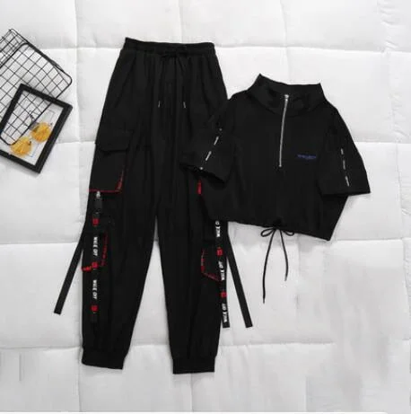 Autumn Women High Waist Cargo Pants Cool Girls Handsome Two-Piece Pants Women Streetwear Cargo Pants Black Ankle Length Elastic