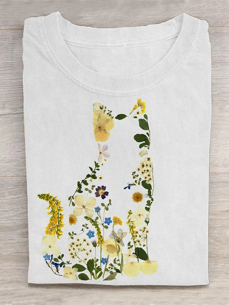 Floral Cat  Art Print Casual T-Shirt socialshop