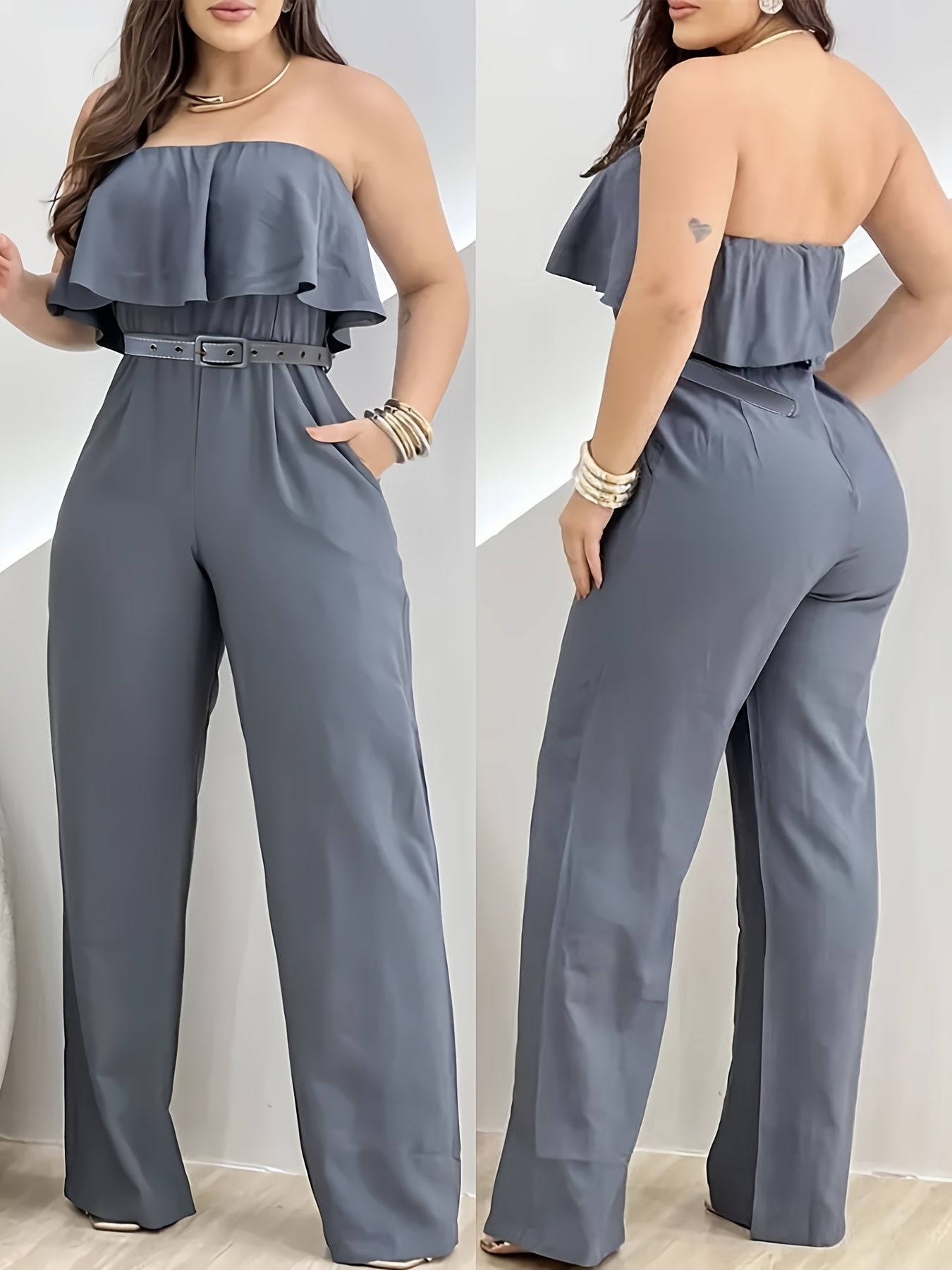 Women's Summer Casual Elegant Strapless Jumpsuit with Belt - Off-Shoulder Wide-Leg Romper, Machine Washable Solid Color for Beach, Brunch & Daily Wear, Beach Outfit | Beltted Waist | Comfortable Fit