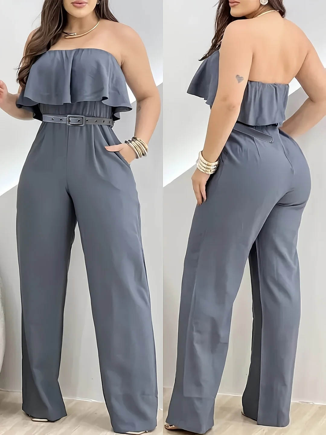Women's Summer Casual Elegant Strapless Jumpsuit with Belt - Off-Shoulder Wide-Leg Romper, Machine Washable Solid Color for Beach, Brunch & Daily Wear, Beach Outfit | Beltted Waist | Comfortable Fit