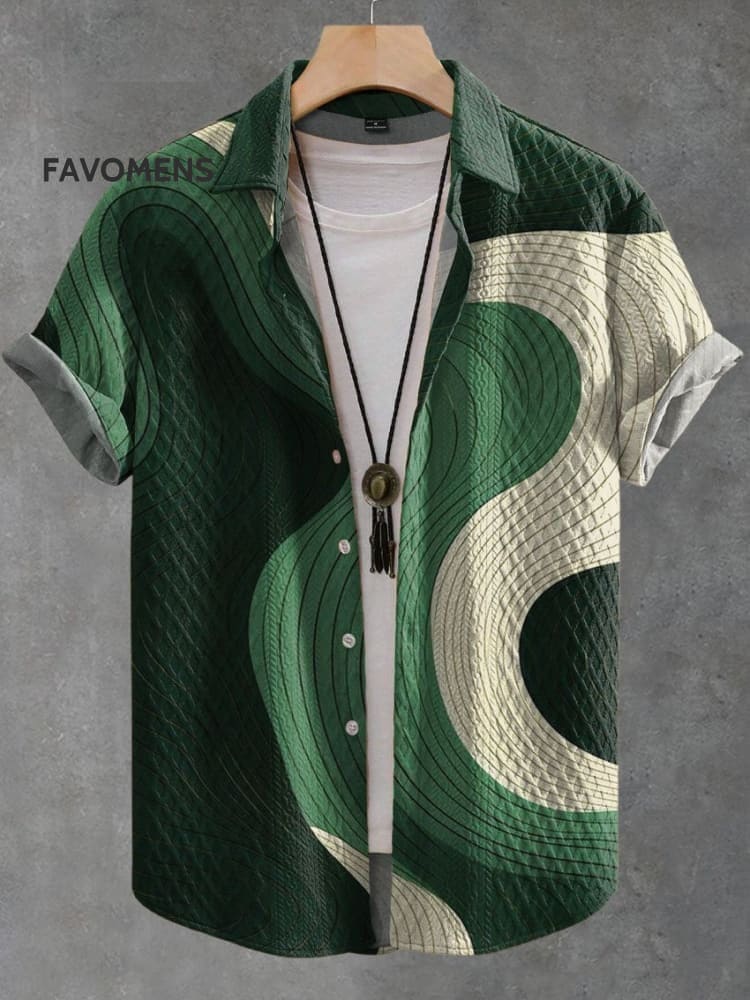 Vintage Green Color Block Wave Art Print Casual 100% Cotton Shirt Jacquard / S