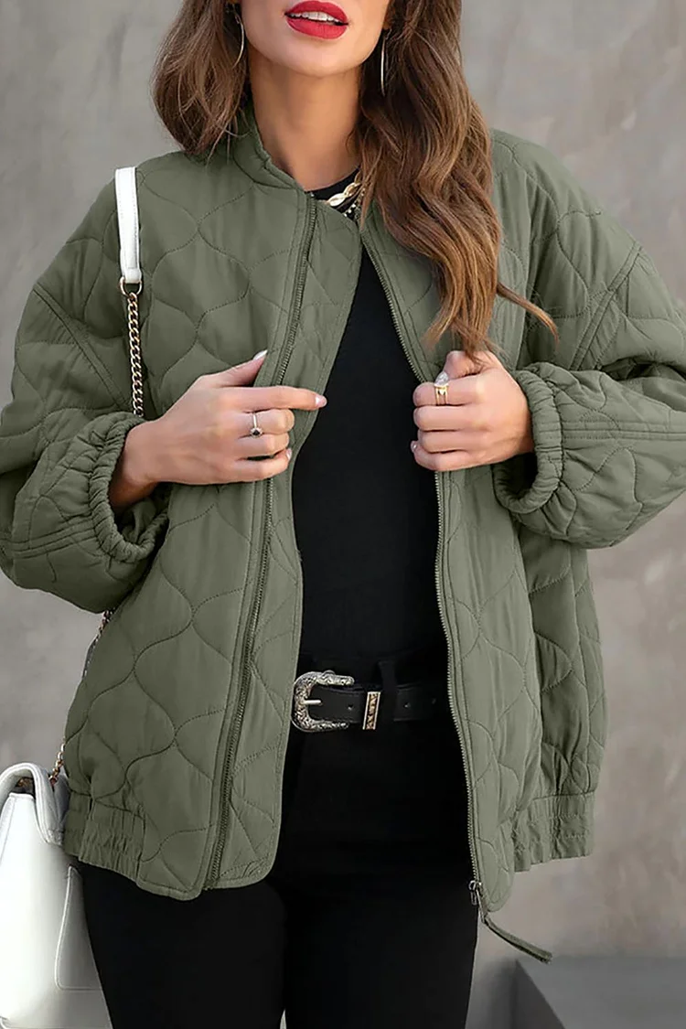 Women's Ins Zip Up Drop Shoulder Long Sleeve Puffer Jacket