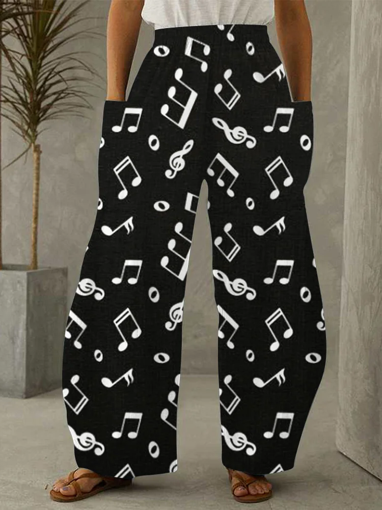 Music Notes Graphic Patch Pocket Wide Leg Pants